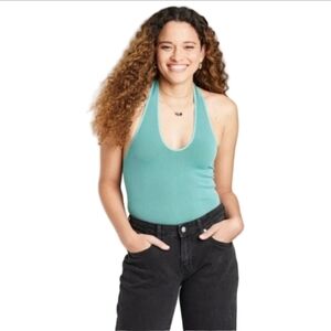 NWT Wild Fable Seamless Halter Backless Stretch Teal Blue Thong Bodysuit Size XL